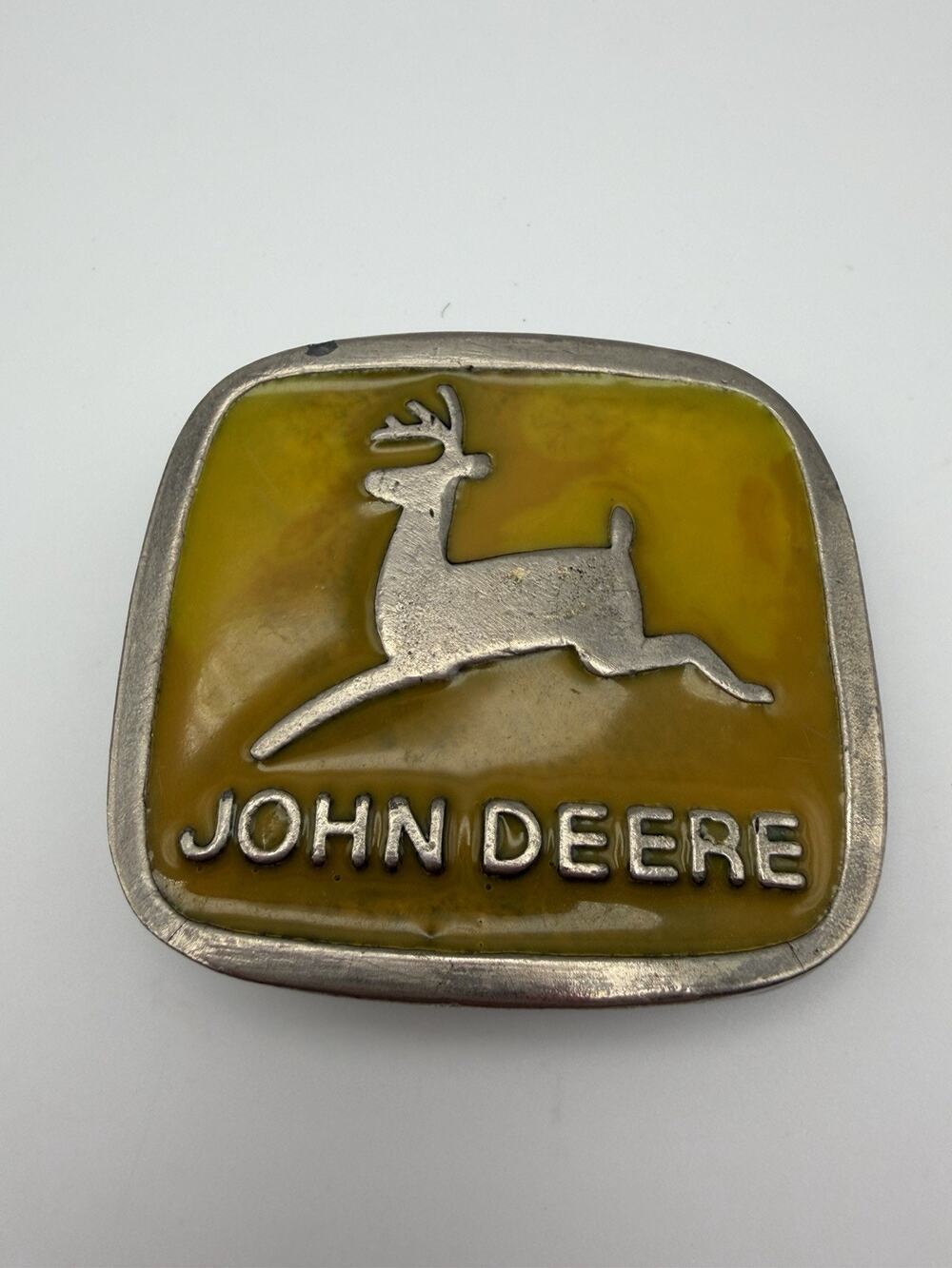 John Deere Vintage Yellow Enamel Belt Buckle Classic Leaping Deer Logo